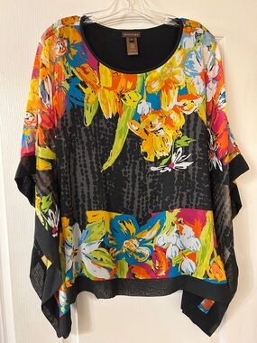 Multiples Black Floral Flutter Sleeve Tunic with Multicolor Blooms